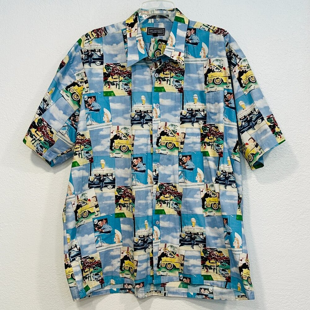 Saturday Evening Post Norman Rockwell Button Up Shirt Pocket Short Slvs Mens XL